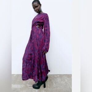 ZARA purple violet creased jacquard pattern midi dress loose elastic waist print